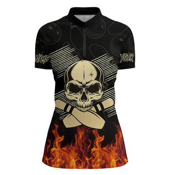 Women's Bowling Quarter Zip Shirt - Custom Skull Flame Design N4400