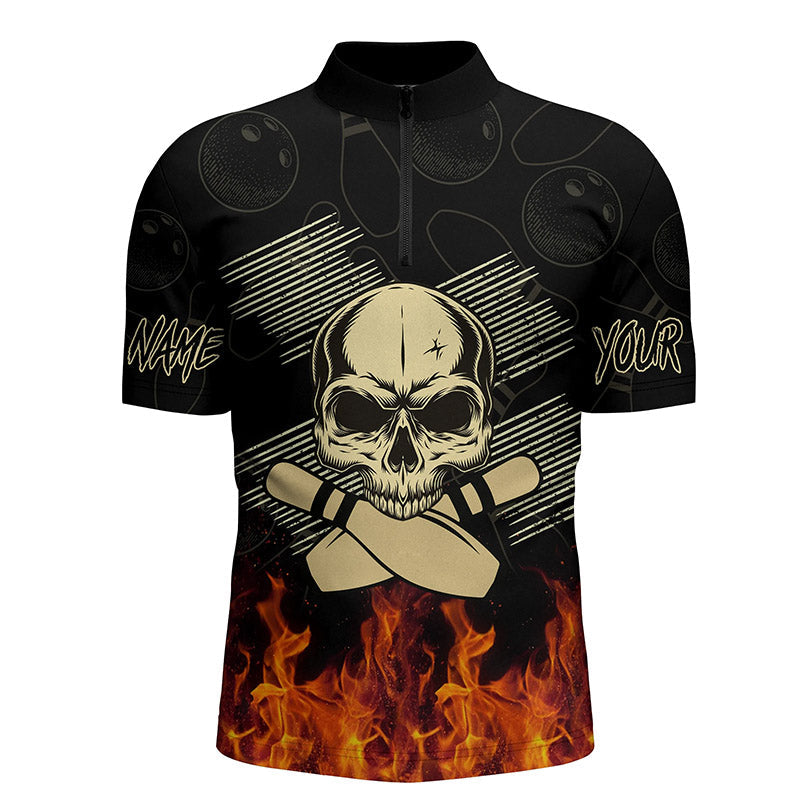 Men's Bowling Shirt Quarter Zip Skull Flame Design N4400