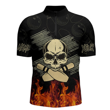 Men's Bowling Shirt Quarter Zip Skull Flame Design N4400