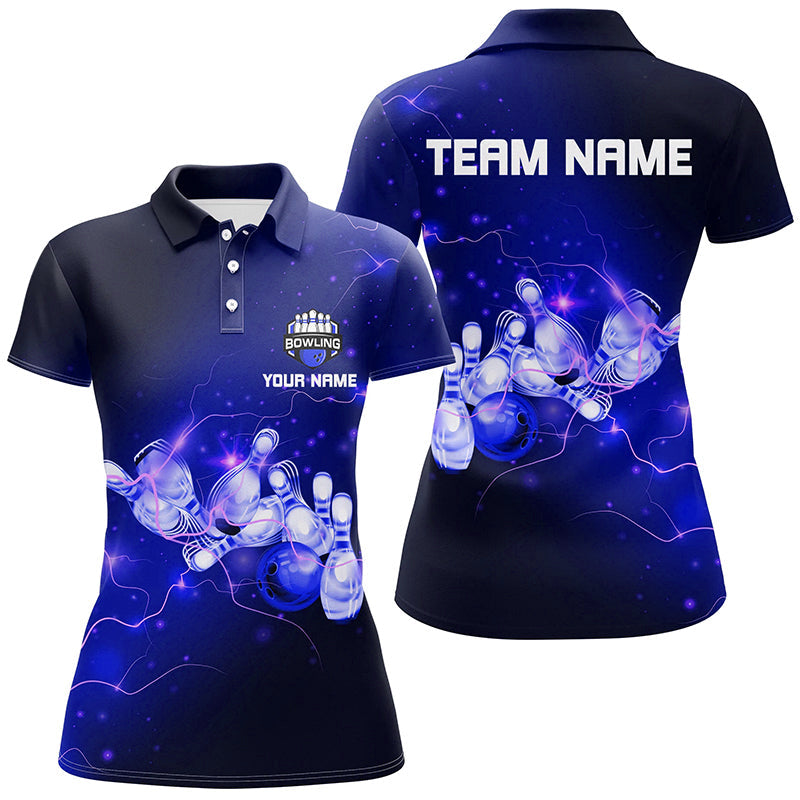Women's Custom Blue Bowling Polo Shirt with Lightning Design N6681