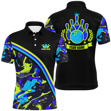 Men's Bowling Camo Polo Shirt - Green/Blue Pattern, Black Team Jersey N7333