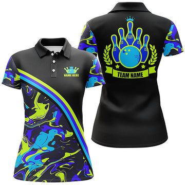 Women's Bowling Polo Shirt - Custom Green & Blue Camo Pattern N7333