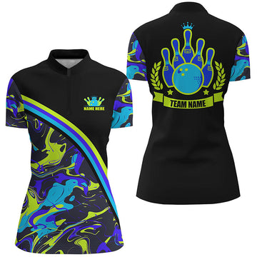 Women's Camo Bowling Quarter Zip Jersey - Green/Blue/Black N7333