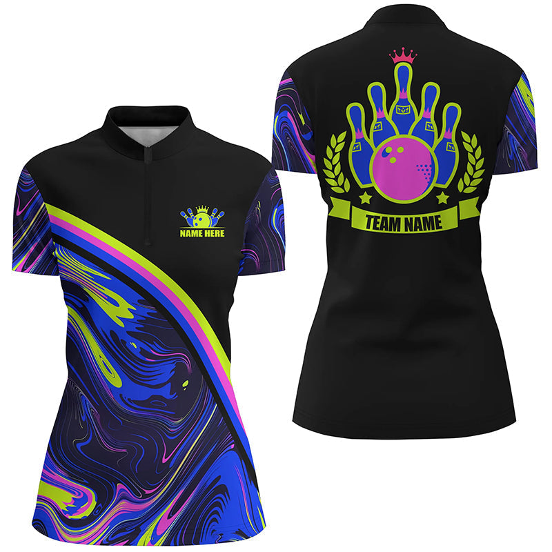 Women's Quarter Zip Bowling Jersey - Custom Green & Purple Camo N7334