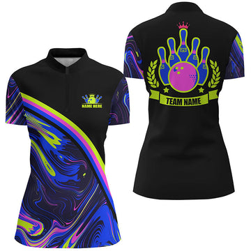 Women's Quarter Zip Bowling Jersey - Custom Green & Purple Camo N7334