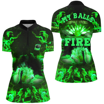 Green Flame Bowling Quarter Zip Shirt for Women N6458