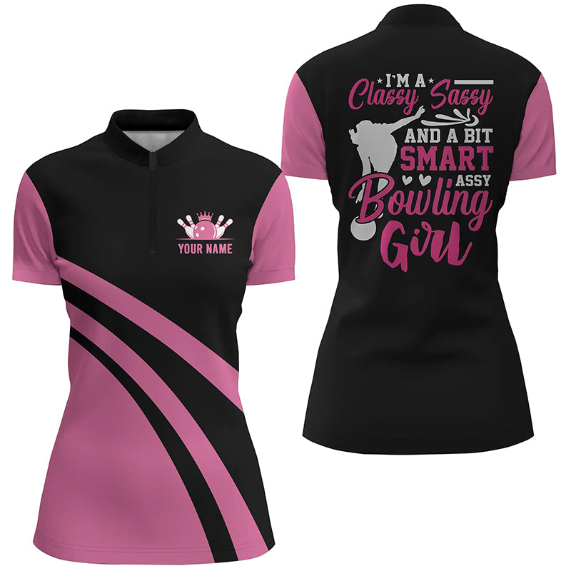 Pink Women's Quarter Zip Bowling Shirt - Classy & Sassy N6695