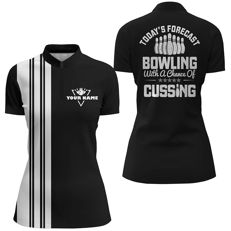 Black & White Retro Bowling Quarter Zip Shirt for Women N6908