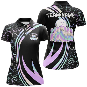 Black Women's Bowling Polo Shirt - Custom Neon Camo N7210