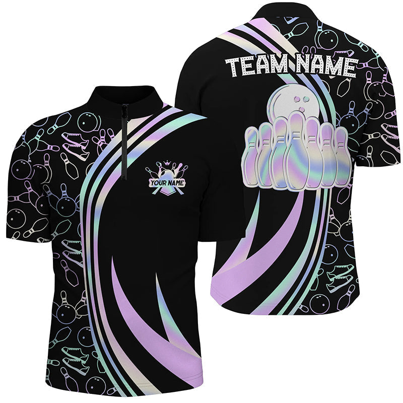 Black Men's Bowling Quarter Zip Shirt - Custom Neon Camo N7210