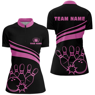 Women's Black Bowling Quarter Zip Shirt - Personalised N6923