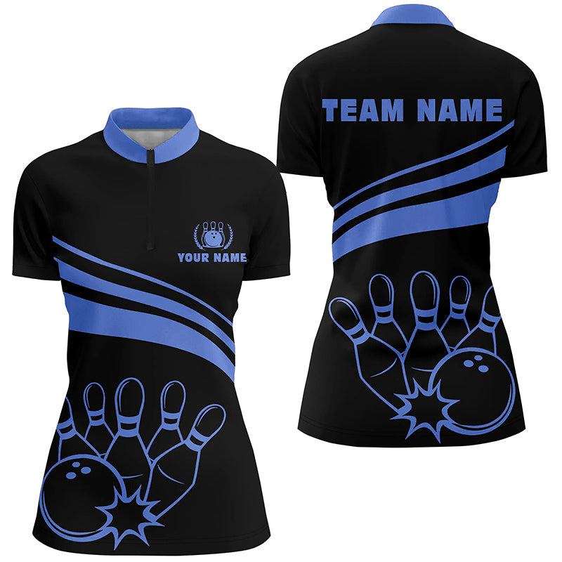 Women's Black Bowling Quarter Zip Shirt - Personalised N6924
