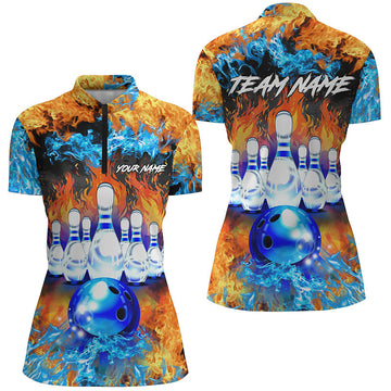 Women's Custom Blue Fire Bowling Quarter Zip Shirt N6738