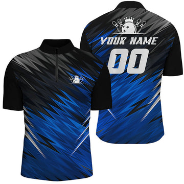 Men's Blue & Black Quarter Zip Bowling Shirt - Custom Name N6475