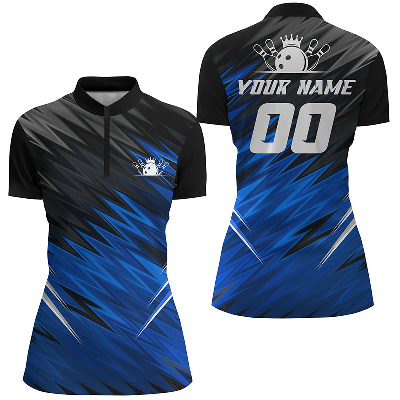 Women's Custom Name Blue & Black Quarter Zip Bowling Shirt N6475