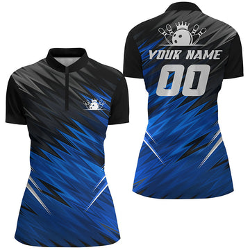 Women's Custom Name Blue & Black Quarter Zip Bowling Shirt N6475