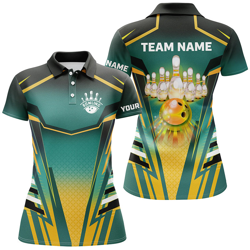 Women's Custom Green & Yellow Bowling Polo Shirt N7106