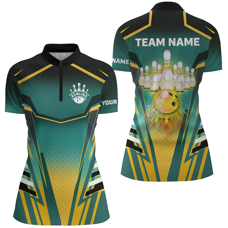 Women's Custom Green & Yellow Bowling Quarter Zip Jersey N7106