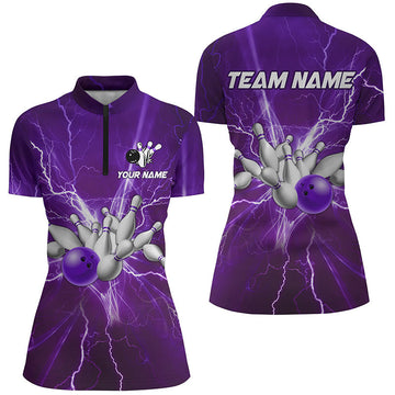Women's Bowling Quarter Zip Jersey - Custom Purple Lightning Design N7395