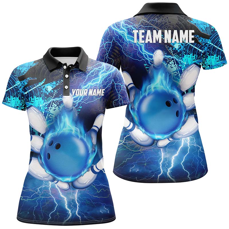 Women's Blue Bowling Polo Shirt - Custom Flame Lightning Design N6507