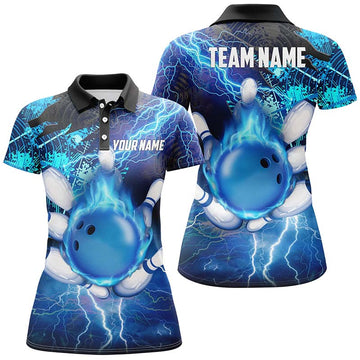 Women's Blue Bowling Polo Shirt - Custom Flame Lightning Design N6507