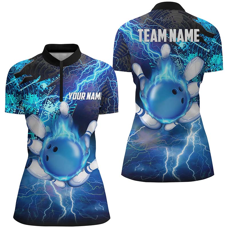 Women's Blue Bowling Quarter-Zip Jersey - Custom Flame Lightning Design N6507