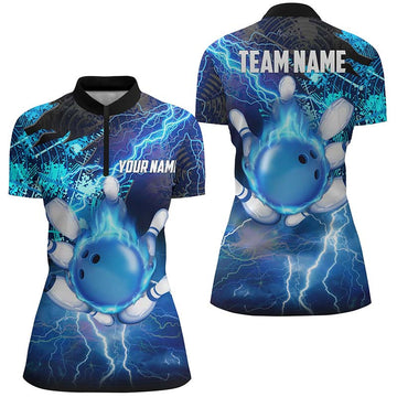 Women's Blue Bowling Quarter-Zip Jersey - Custom Flame Lightning Design N6507