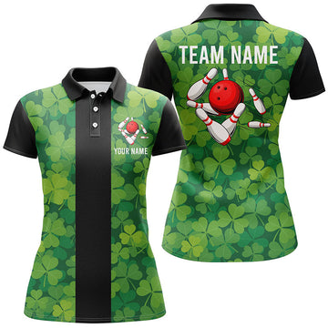 Women's Custom Green Clover Black Retro Bowling Polo Shirt N7108