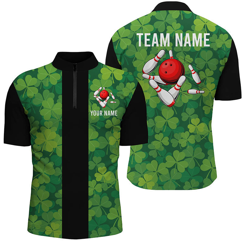 Men's Custom Black Retro Bowling Quarter Zip Shirt - Green Clover N7108