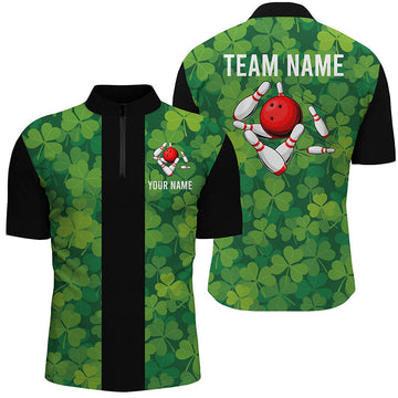 Men's Custom Black Retro Bowling Quarter Zip Shirt - Green Clover N7108