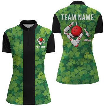 Women's Custom Green Clover Black Retro Bowling Quarter Zip Shirt N7108