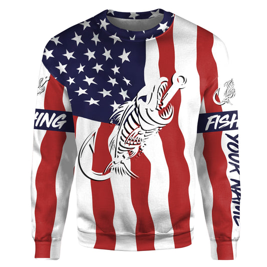 American flag fishing Fish hook skull personalized fishing shirts, custom fishing apparel | Sweatshirt - NPQ689