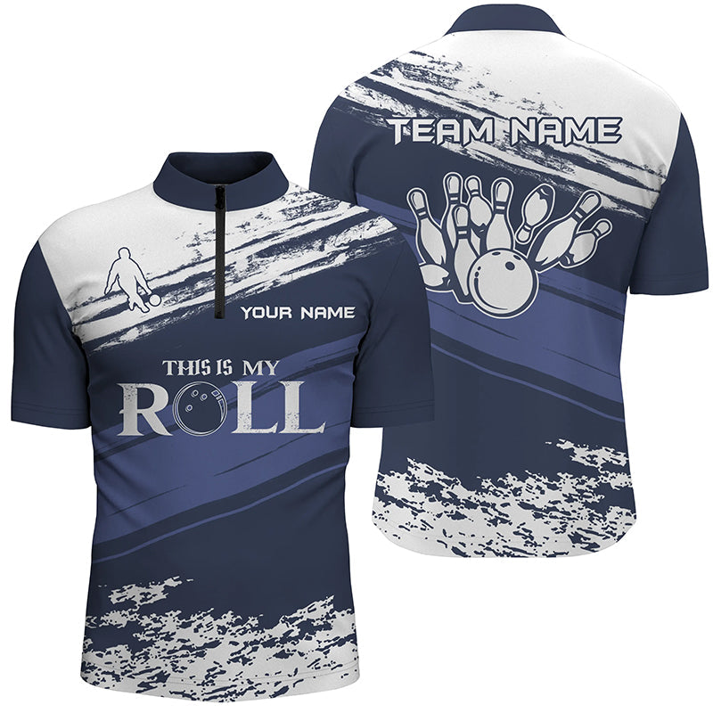 Men's Bowling Quarter-Zip Shirt - Custom Name, Navy/White N5869