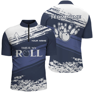 Men's Bowling Quarter-Zip Shirt - Custom Name, Navy/White N5869