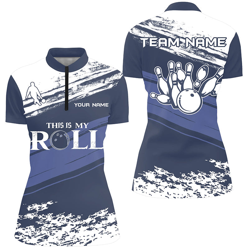 Women's Bowling Quarter-Zip Shirt - Custom Name, Navy/White N5869