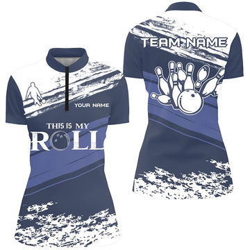 Women's Bowling Quarter-Zip Shirt - Custom Name, Navy/White N5869