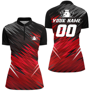 Red & Black Women's Quarter Zip Bowling Shirts N5137