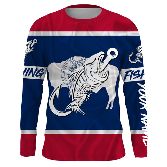WY Wyoming Fishing Flag Fish hook skull Custom name jerseys | Long sleeve, Long Sleeve Hooded NPQ746