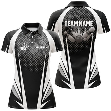 Women's Black & White Bowling Polo Shirt - Custom Team Design N5873