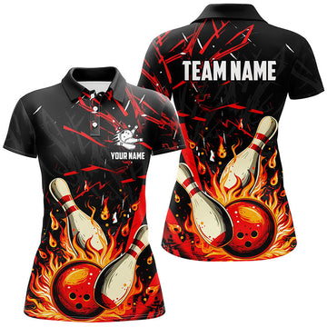 Women's Black & Red Flame Bowling Shirt - Custom Team Jersey N7766