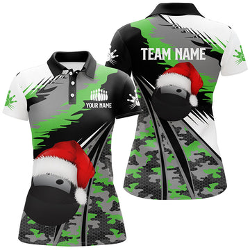 Women's Green Camo Bowling Polo Shirt - Custom Christmas Team Jersey N6794