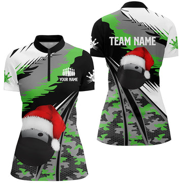 Women's Green Camo Bowling Quarter Zip Jersey - Custom Christmas Design N6794