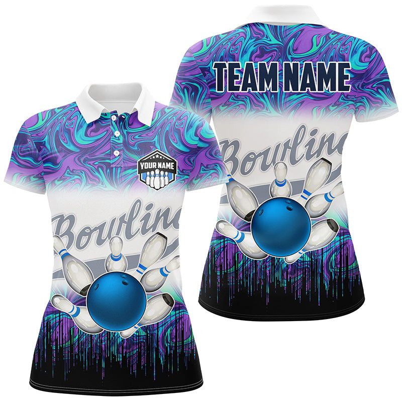 Women's Bowling Polo Shirt - Custom Blue Purple Marble Team Jersey N7141