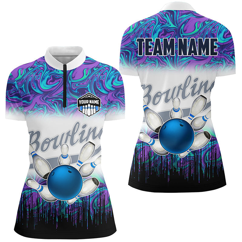 Women's Quarter Zip Bowling Jersey - Custom Blue Purple Marble Pattern N7141