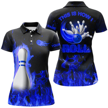 Women's Blue Flame Bowling Polo, Quarter Zip Team Jersey N8199
