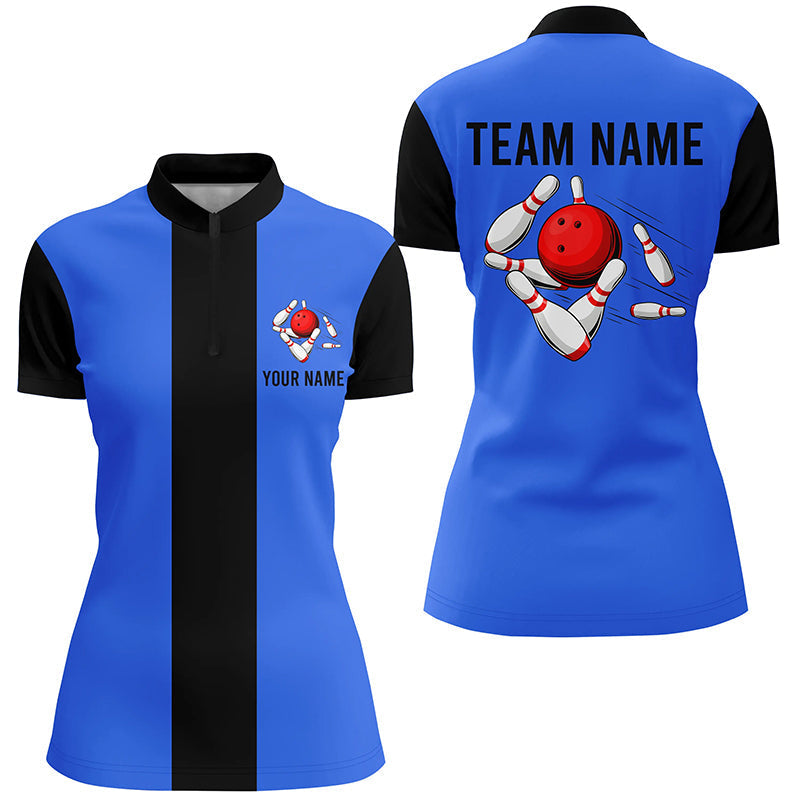 Personalised Blue Black Retro Bowling Quarter Zip Shirt for Women N6802