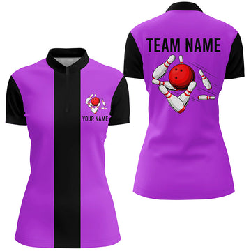 Personalised Purple & Black Retro Bowling Quarter Zip Shirt for Women N6803