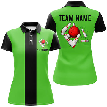 Women's Custom Green & Black Retro Bowling Polo Shirt N6804