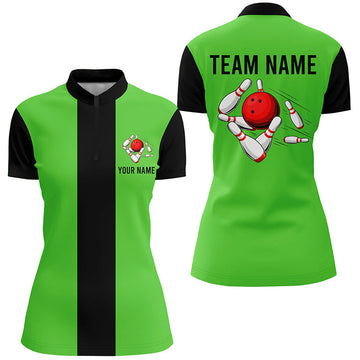 Women's Green & Black Retro Bowling Quarter Zip Shirt N6804