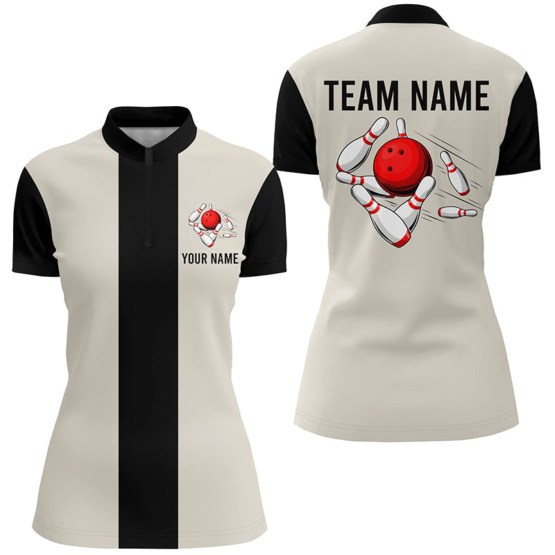 Women's Beige & Black Retro Bowling Quarter Zip Shirt N7000
